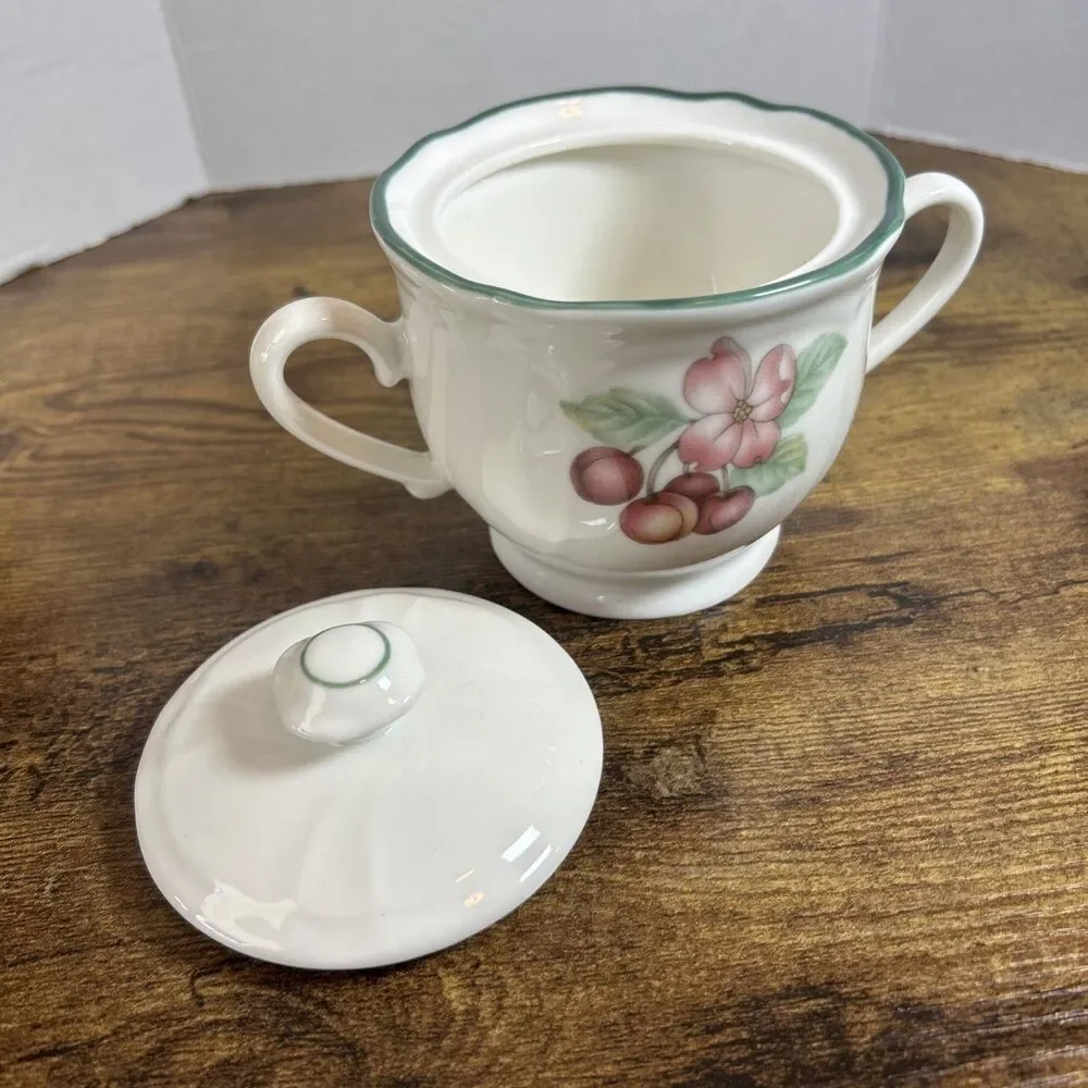Vintage Epoch Market Day Sugar Bowl w Lid Plum Fruit Green Trim EUC Cottagecore